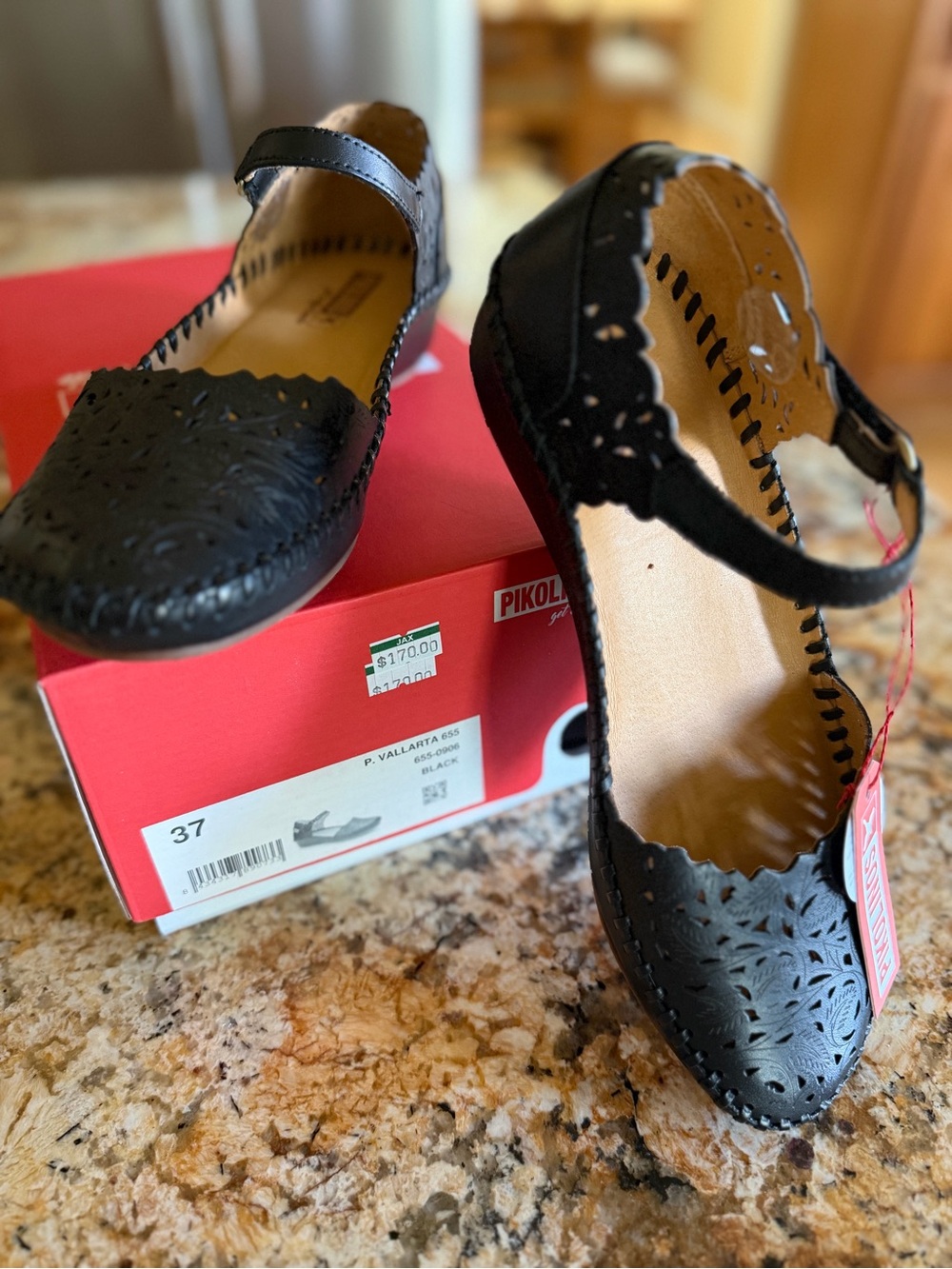 PIKOLINOS Black Laser-Cut Leather Sandal Puerto Vallarta Mary Jane - Picture 5 of 5
